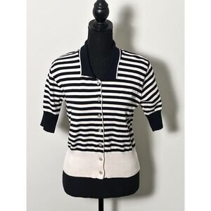 Fili ‎ Dell Arte Women's Collard Navy Striped Shirtsleeves Pearl Style Buttons
